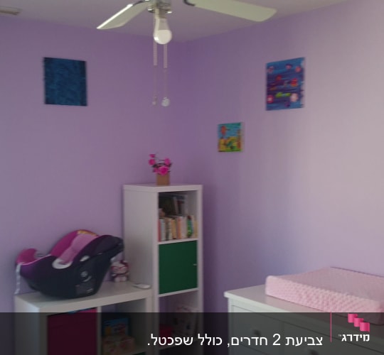 ציורים צבעוניים תלויים על קיר סגול בהיר